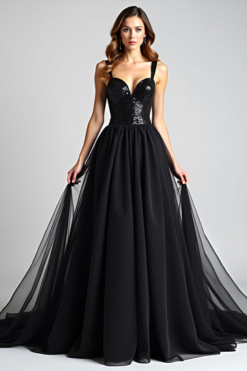 Sparkly Black A Line Long Formal Dress with Sequins